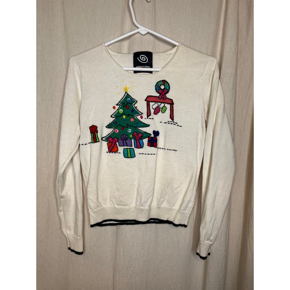 1990s Michael Simon Christmas Felted Scenic Art To Wear Sequins Beaded Sweater S